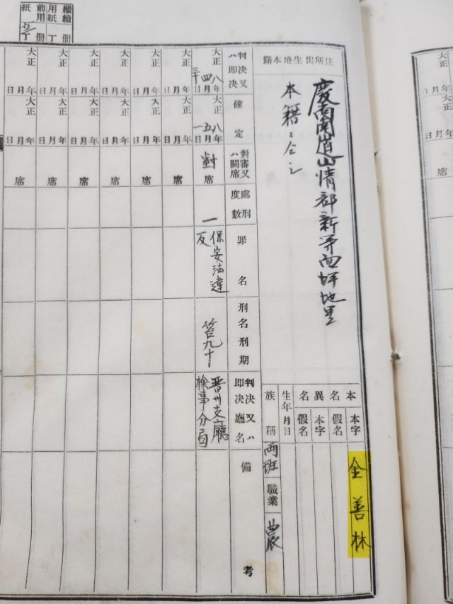 산청신등단성만세운동을주동한김선림지사가1919년4월30일진주지청에서보안법위반으로태형90도를선고받은기록(신등면범죄인명부) 산청신등단성만세운동을주동한김선림지사가1919년4월30일진주지청에서보안법위반으로태형90도를선고받은기록(신등면범죄인명부).jpg