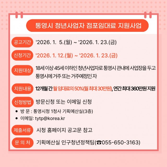 1 1. 5. - 통영시, 청년사업자 점포 임대료 12개월 최대 360만원 지원.jpg